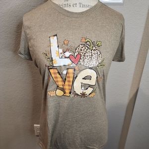 Tan Graphic Fall LOVE Spell-out  T-shirt Sz S NWOT